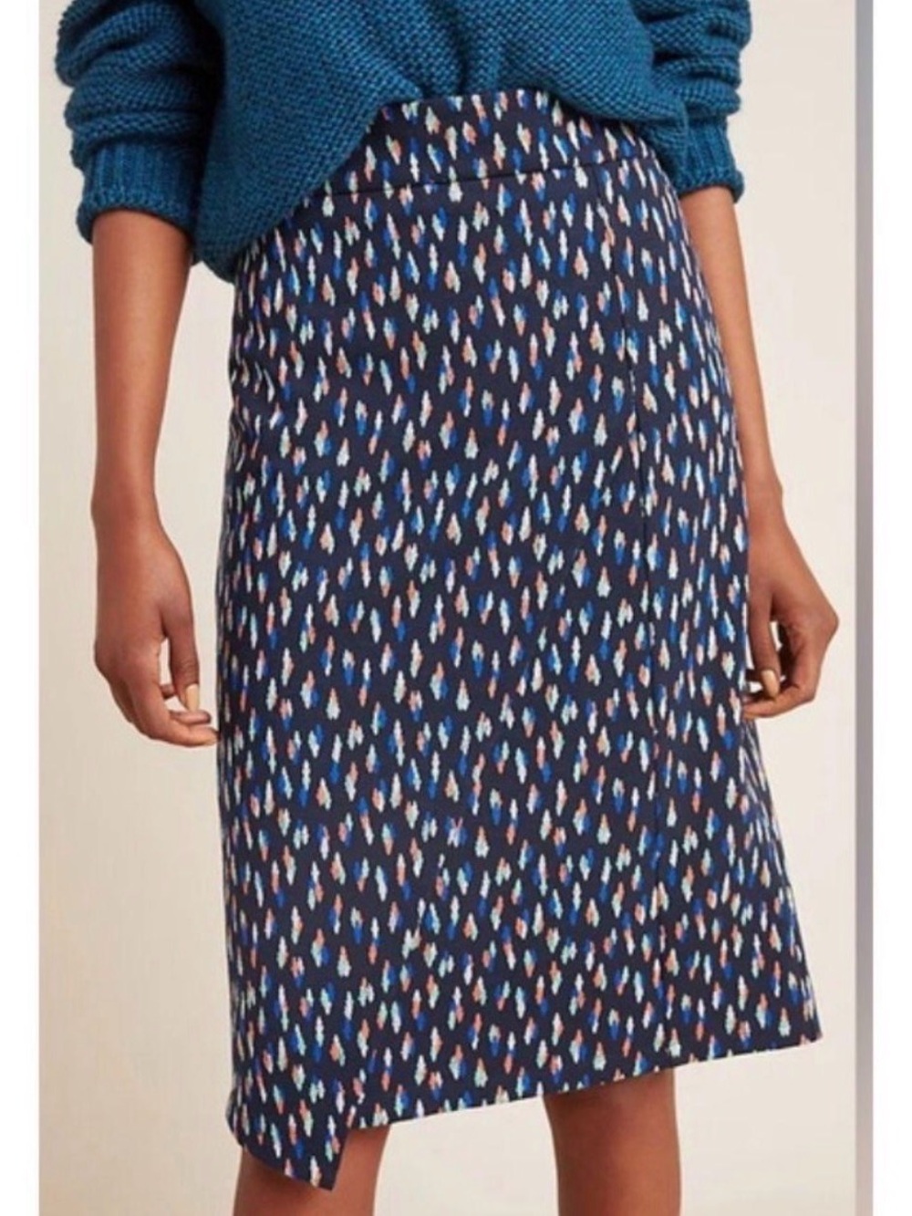 Anthropologie Maeve Debra Navy Orange Faux Wrap Knit Midi Skirt